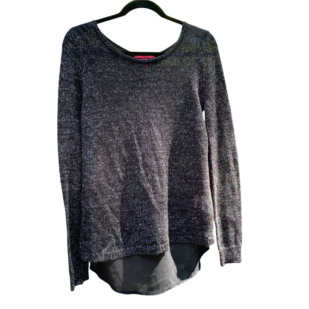 Women's Black Marled Crewneck Sweater with Sheer back and Layered Scoop Hem